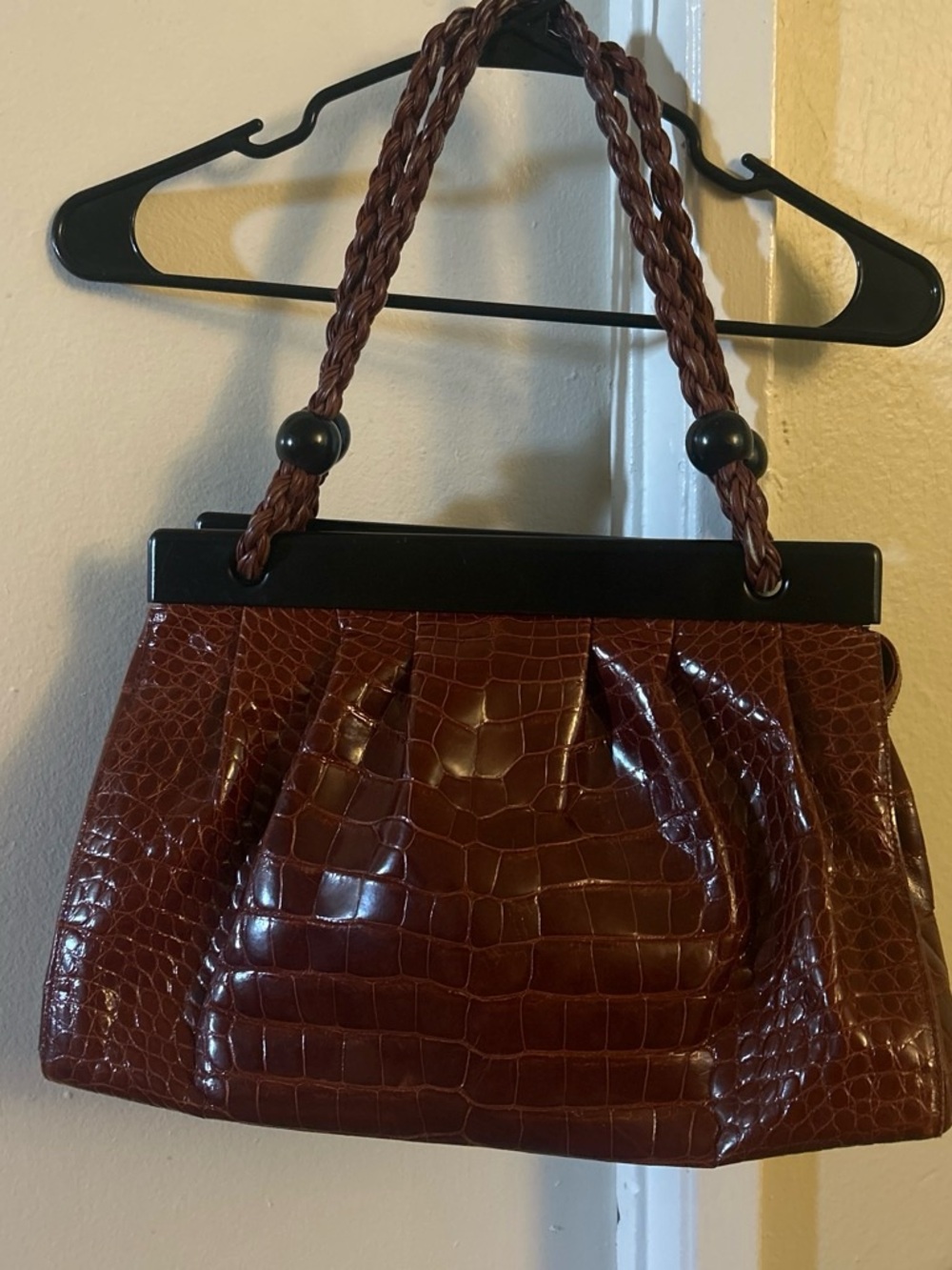 Suarez Croc-Embossed Brown Shoulder Bag with Braided Handles